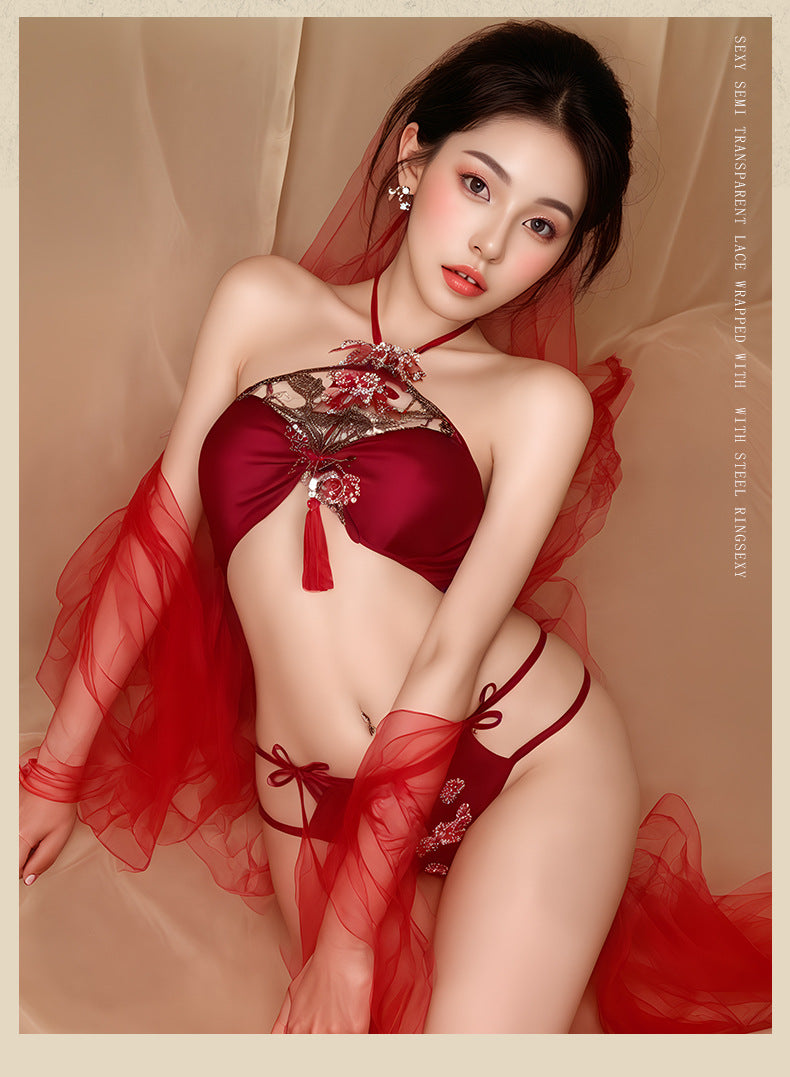 情趣内衣古风系带蝴蝶诱惑肚兜牡丹刺绣透视火辣激情套装