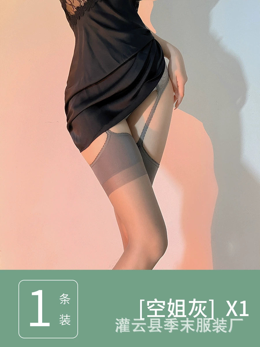 情趣吊带丝袜女夏季一体式灰色连体长筒纯欲性感开档免脱显瘦黑丝
