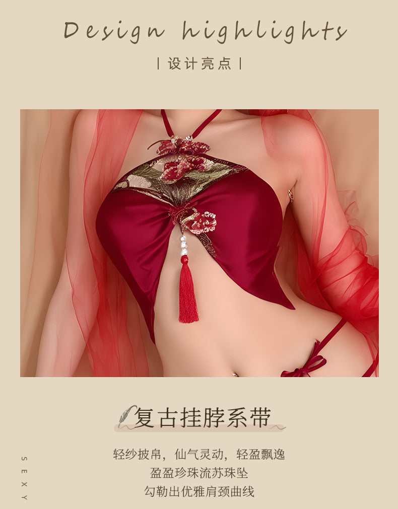 情趣内衣古风系带蝴蝶诱惑肚兜牡丹刺绣透视火辣激情套装