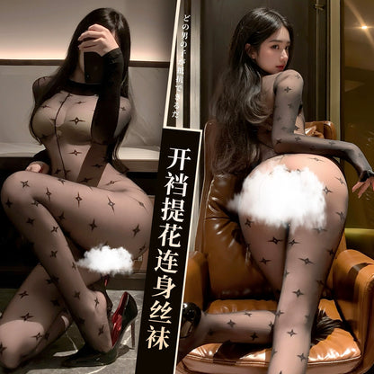 网红风黑丝穿搭提花连身袜超薄高弹透视开裆免脱情趣内衣