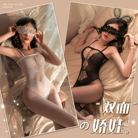 情趣内衣制服优雅提花假式连体衣开裆连身袜丝袜
