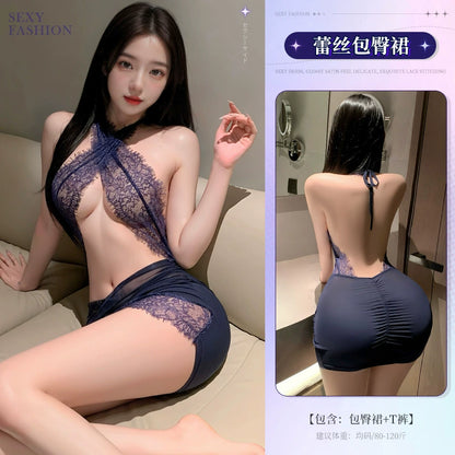 性感紧身挂脖蕾丝秘书制服柔纱包臀裙睡裙
